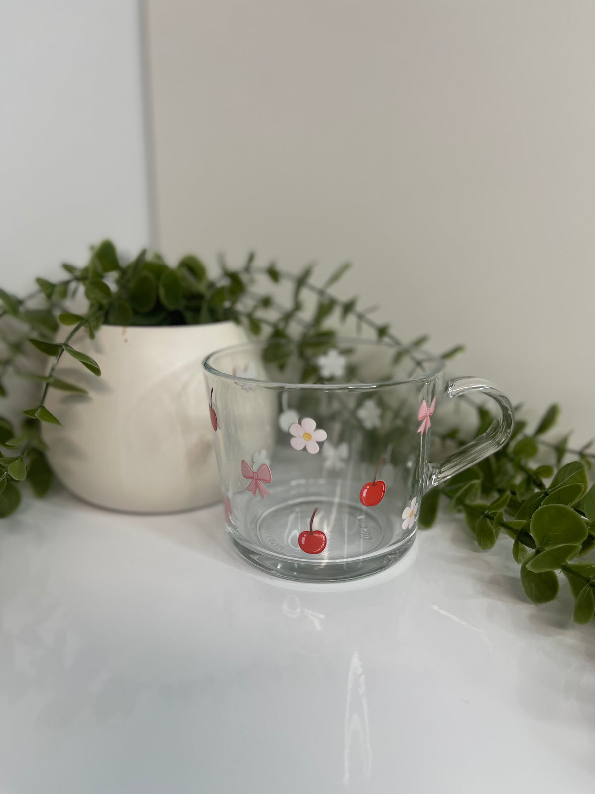 Cherries and flowers clear glass mug