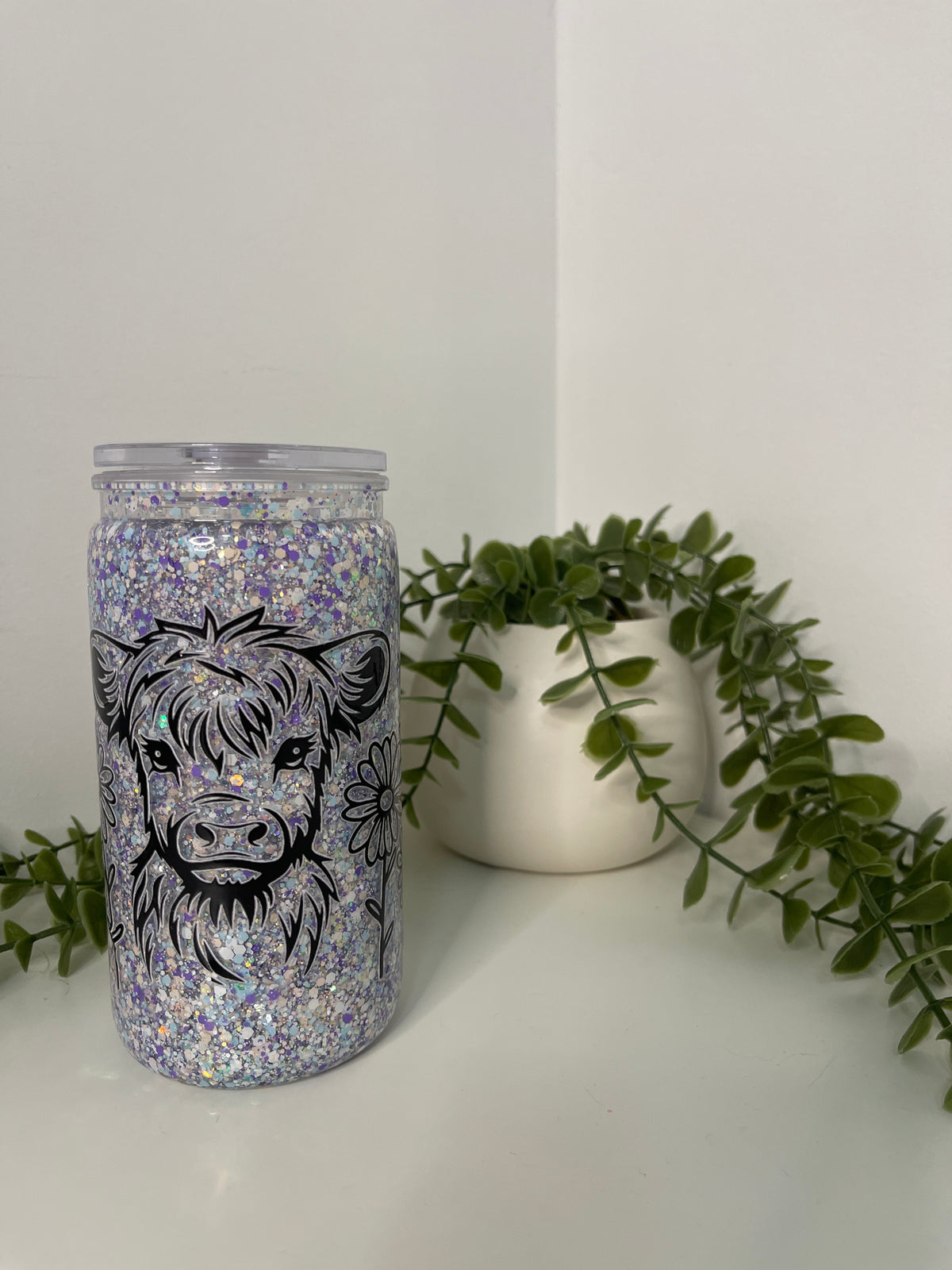Highland cow acrylic beer can snow globe