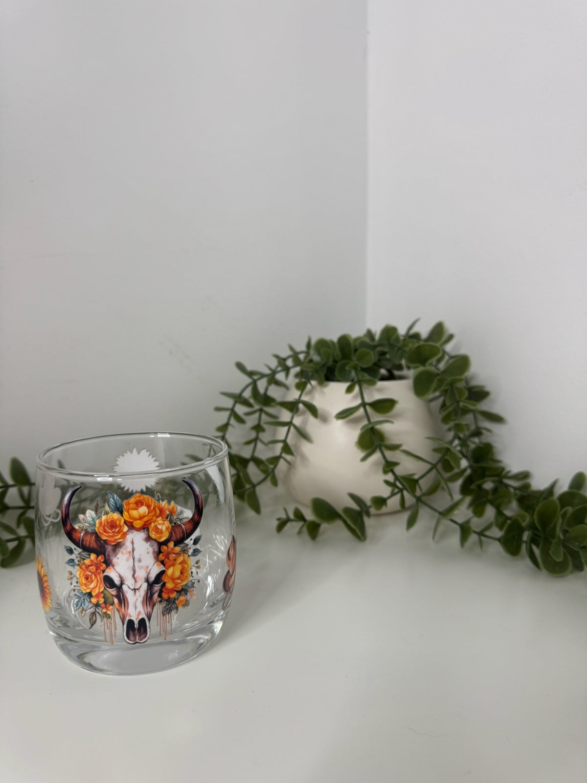 Skull and flowers whiskey glass
