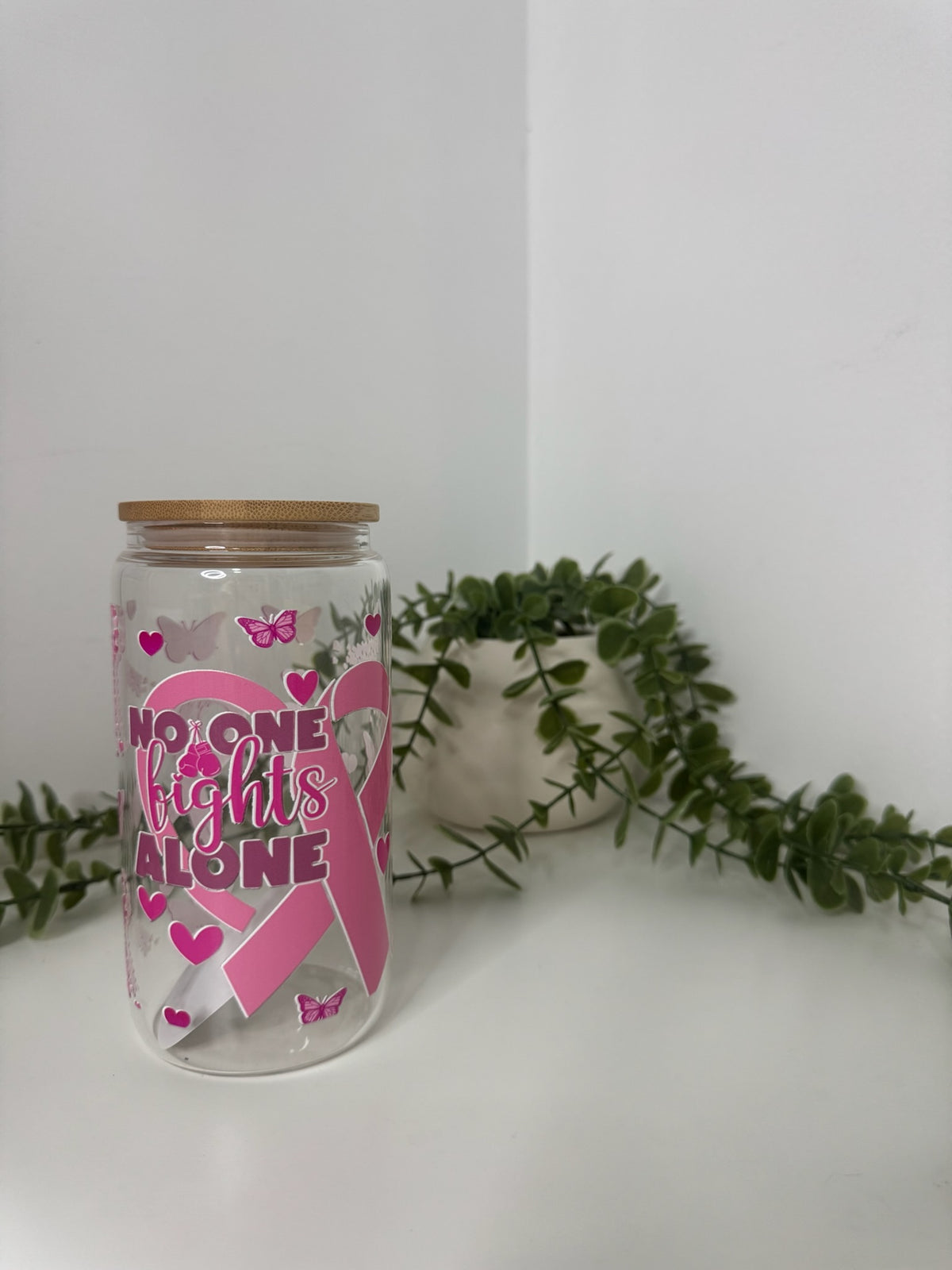 Breast cancer beer can glass