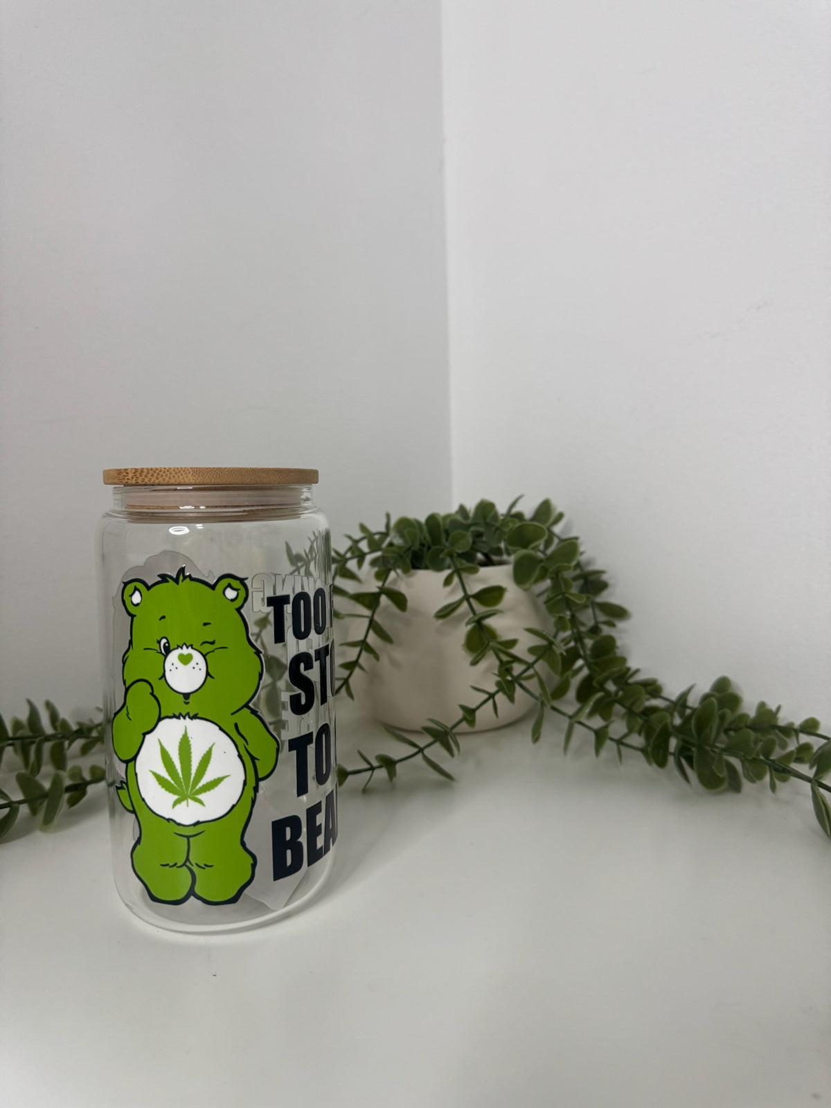 Stoned care bear beer can glass