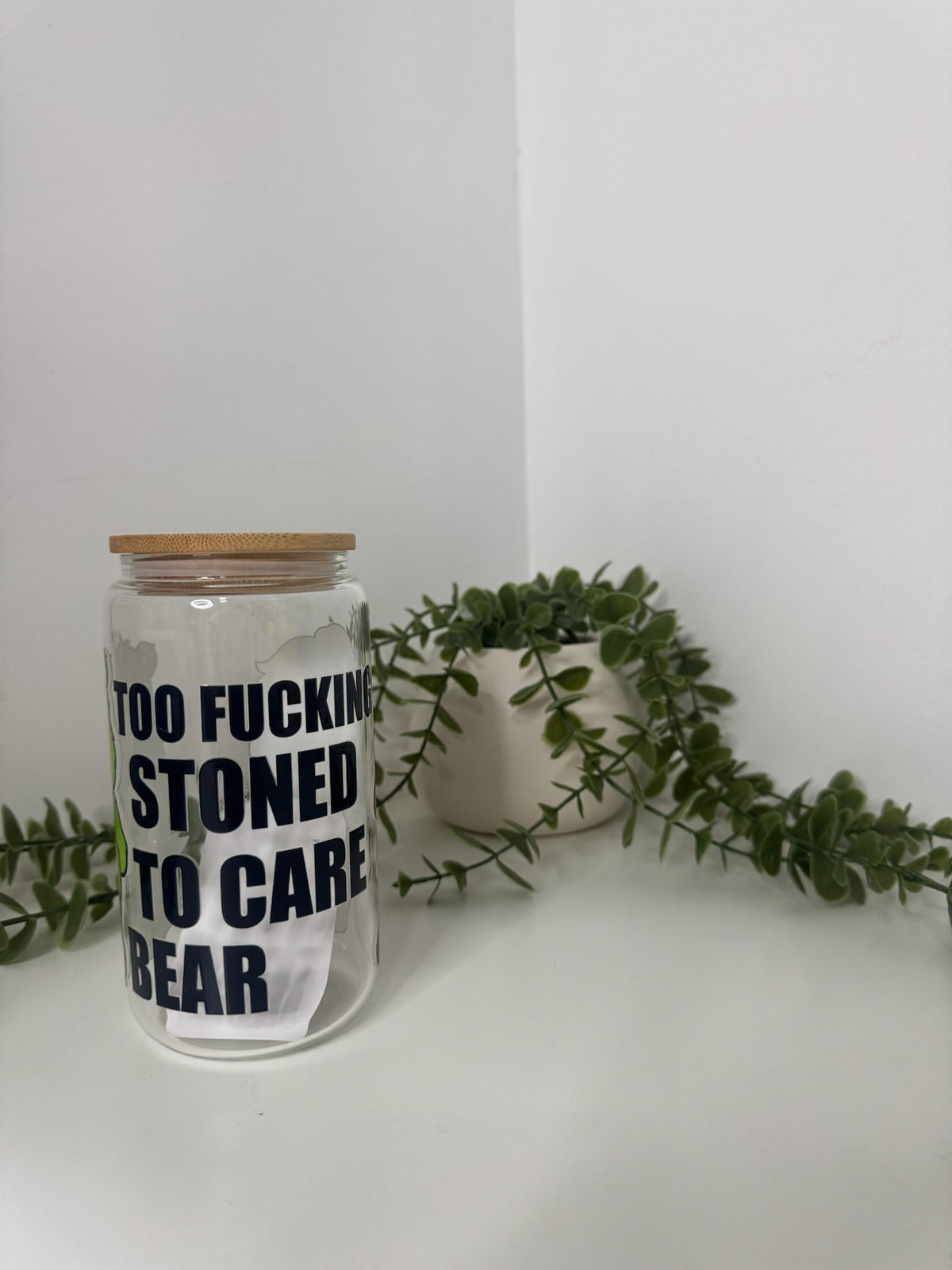 Stoned care bear beer can glass
