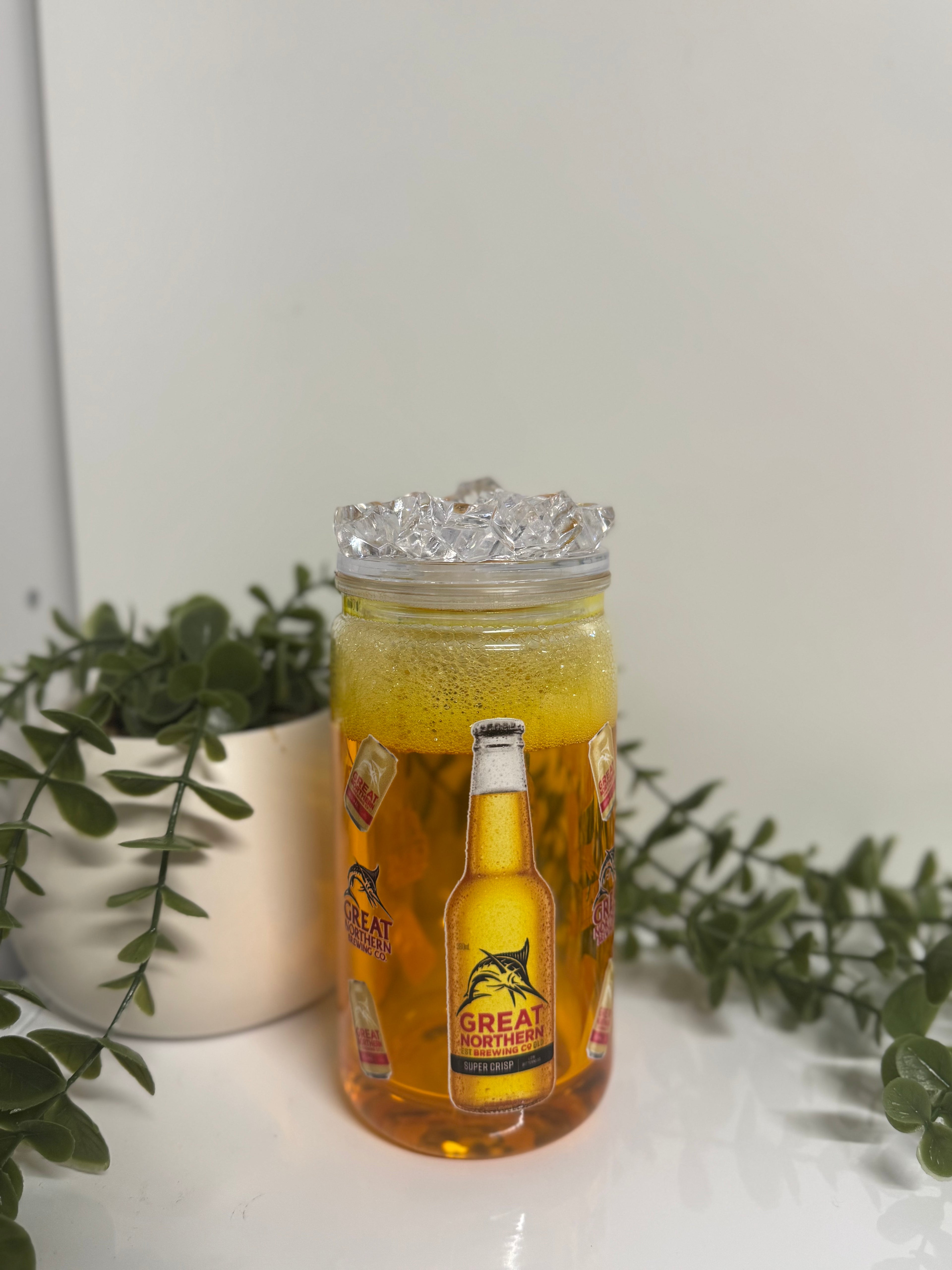 Great northern acrylic beer can snowglobe