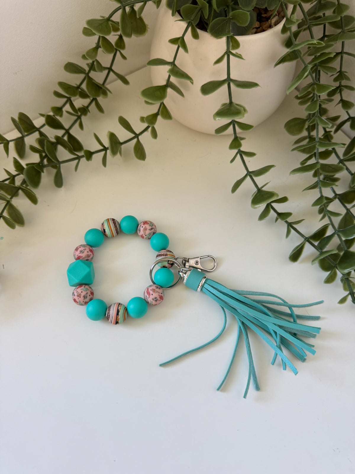 Blue and pink cactus silicone beaded wristlet