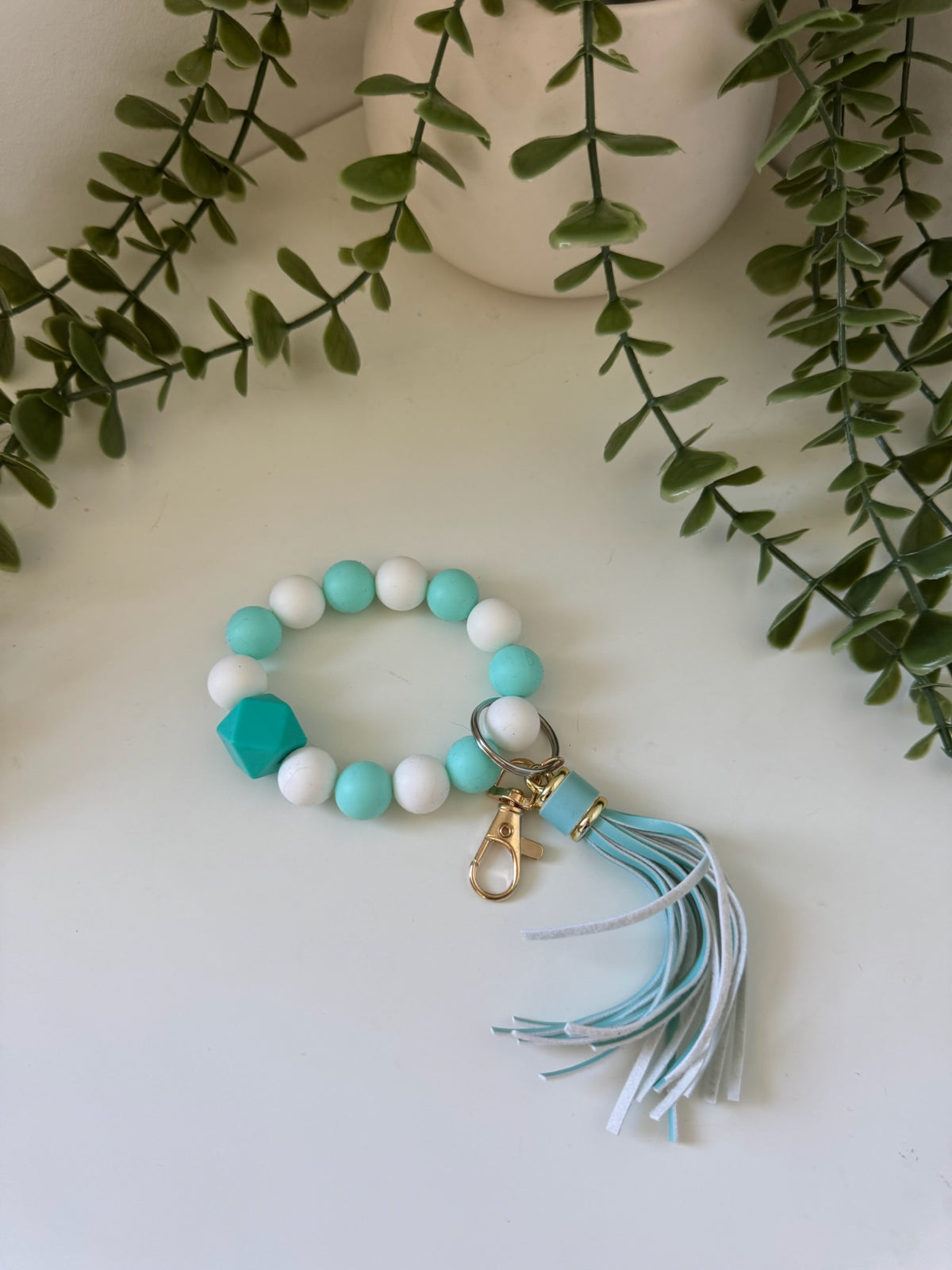 Blue and white silicone beaded wristlet
