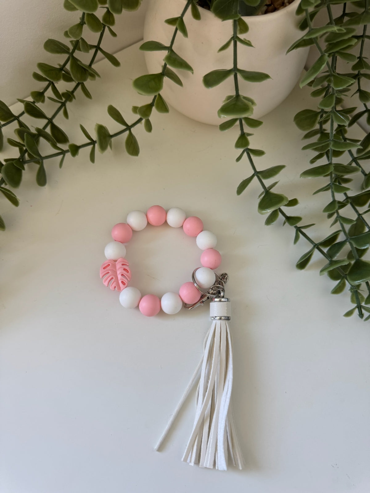 Pink and white silicone beaded wristlet