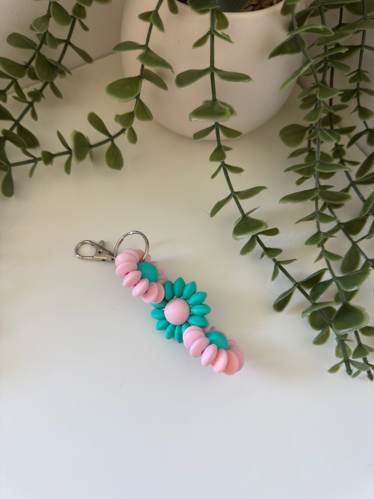 Pink and teal triple flower keychain