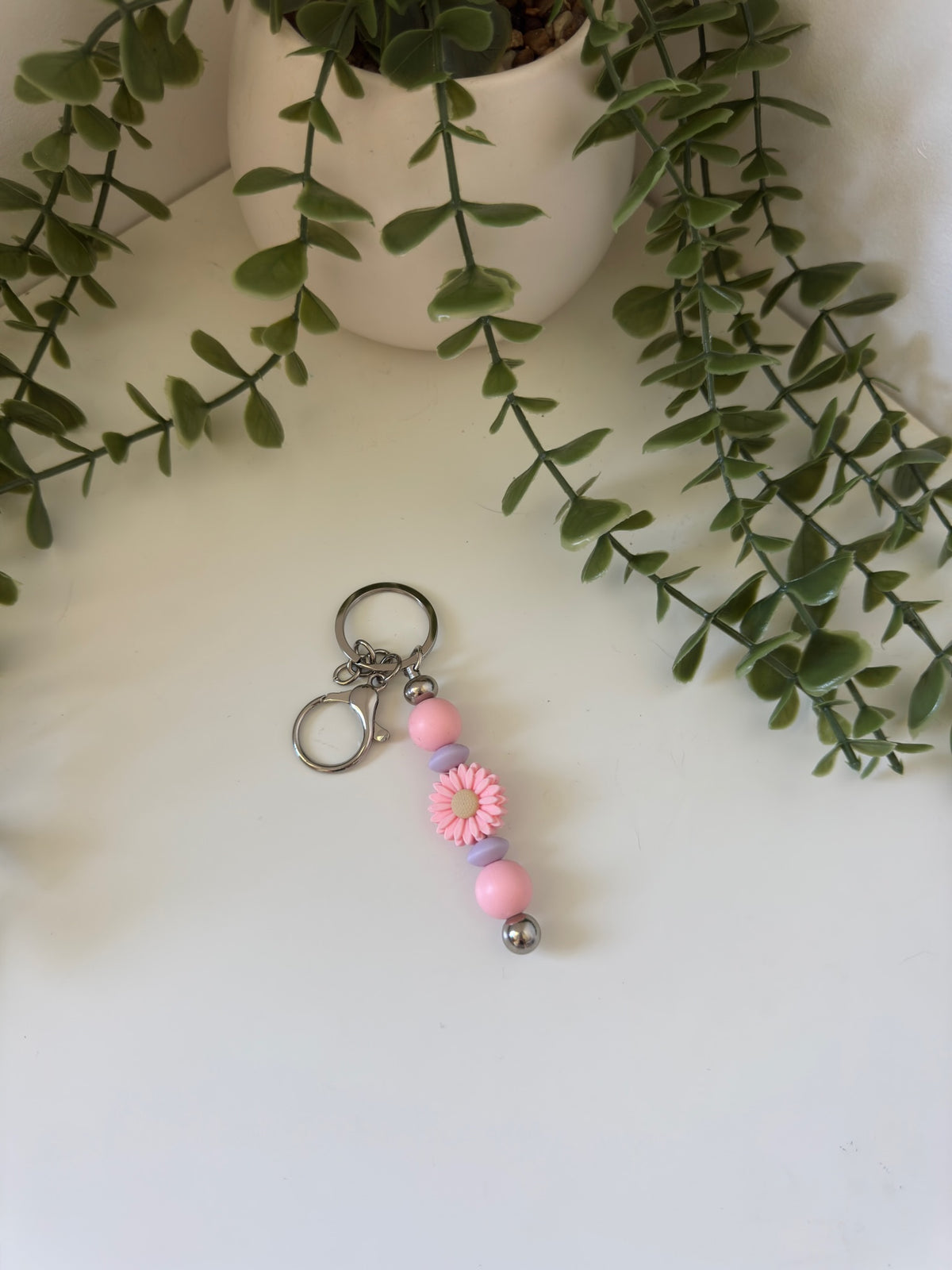 Pink flower metal key chain
