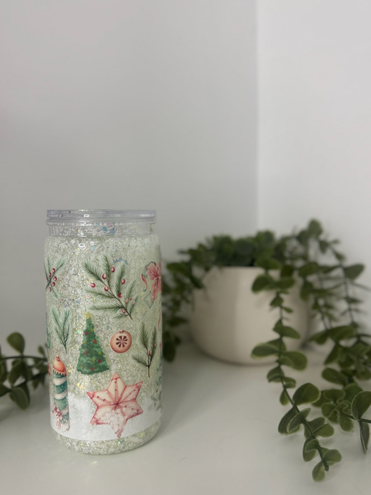 White Christmas acrylic beer can snow globe cup