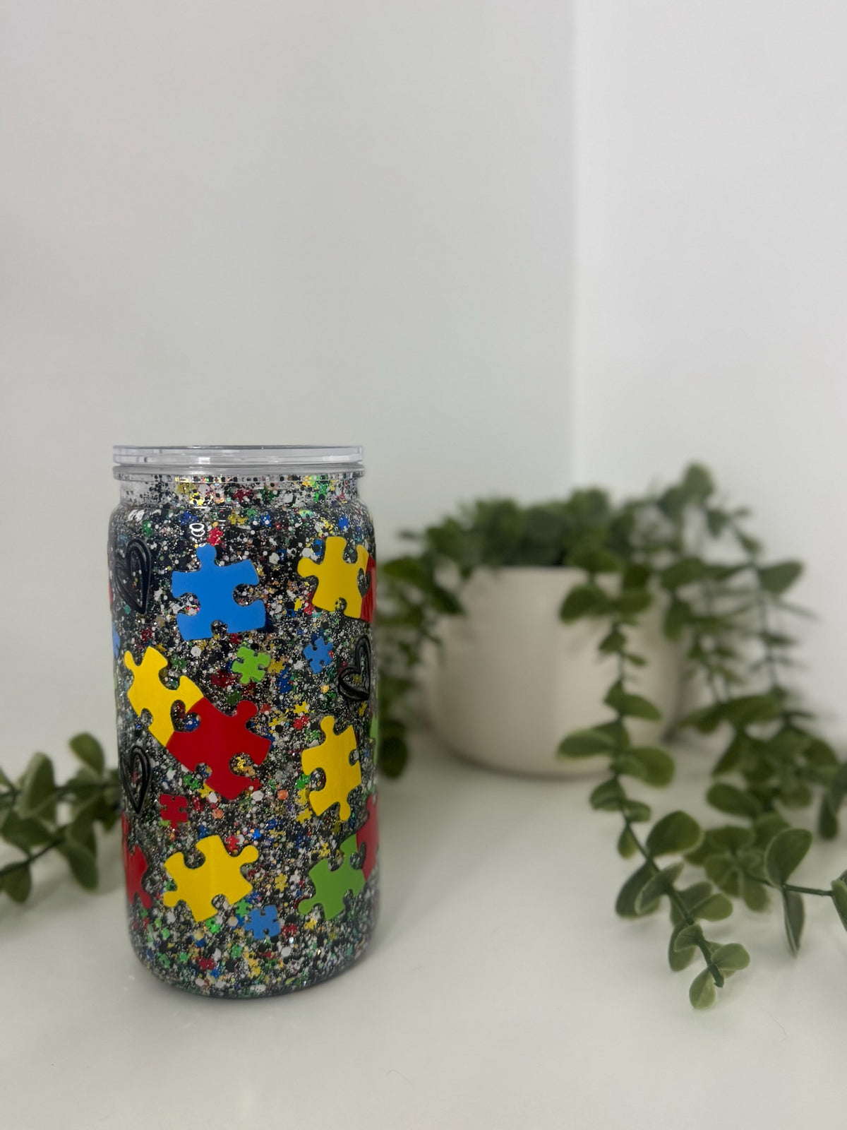 Autism awareness acrylic beer can snow globe